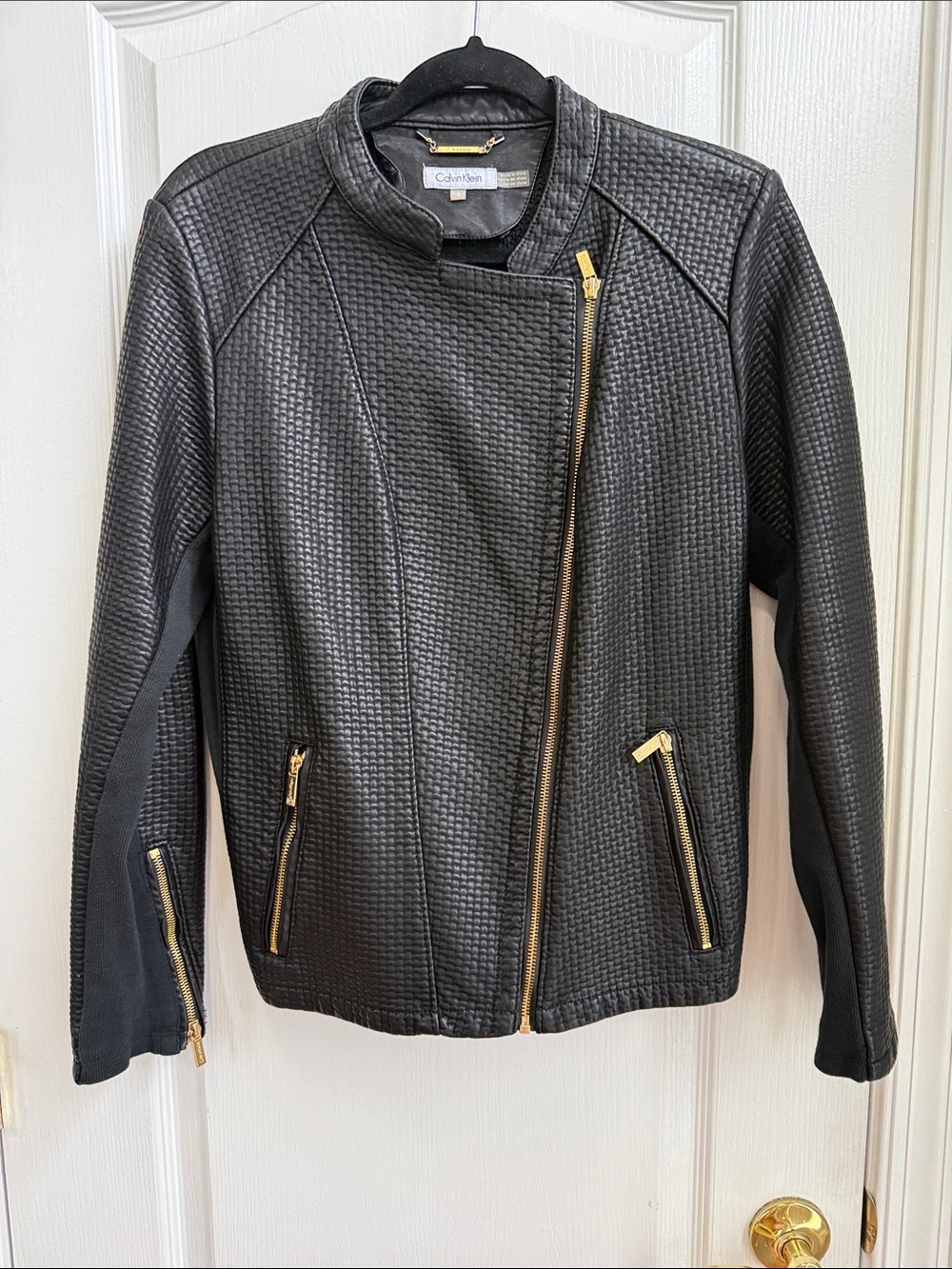 Calvin Klein Black Quilted Moto Jacket with Gold-Tone Hardware